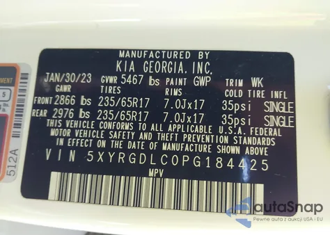 2023 Kia Sorento Lx z USA, uszkodzony, nr VIN 5XYRGDLC0PG184425